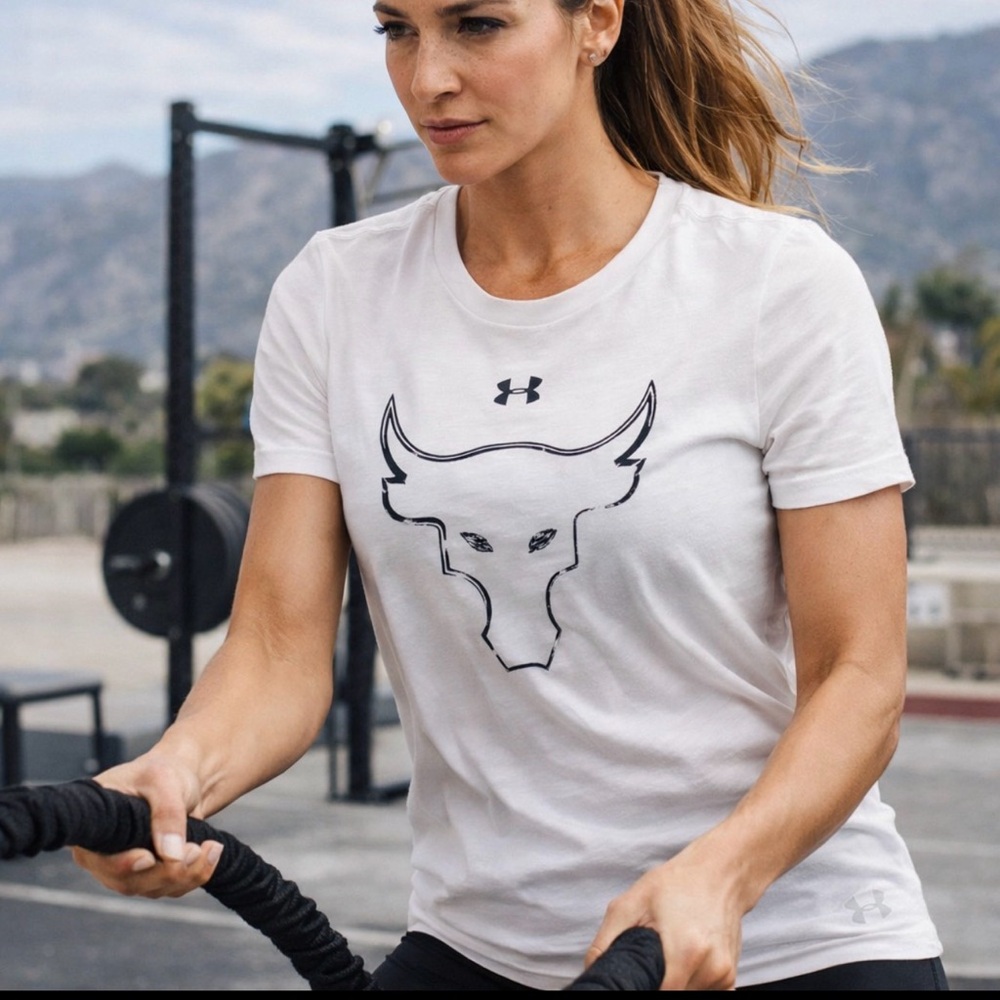 WOMEN UNDER ARMOUR PROJECT ROCK BULL TSHIRT WHITE TRAINING CROSSFIT GYM SHIRT XL